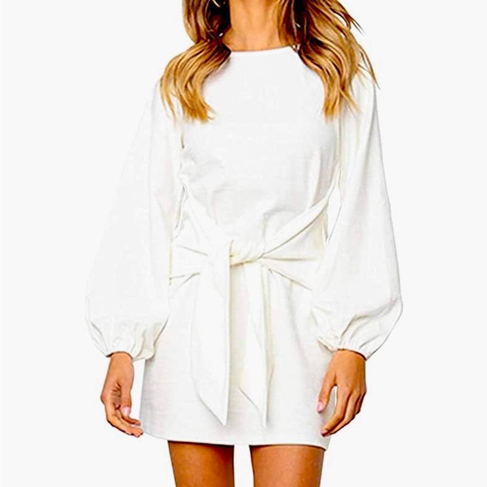 Long sleeve white dress, above knee with tie waist
